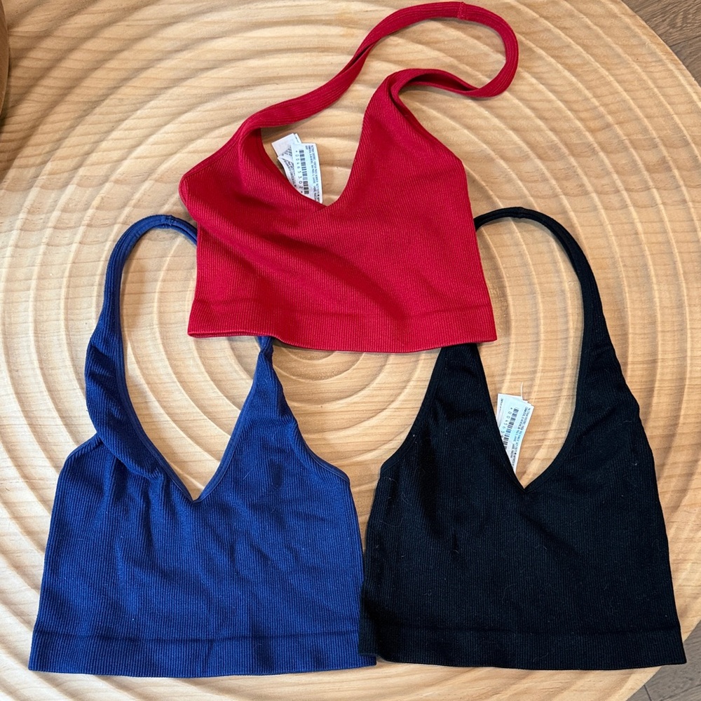 Forever 21 Ribbed Halter Crop Tops - Red, Navy & Black